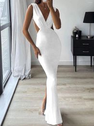 Casual Dresses Sexy Deep V Neck Long Dress Backless Cross Straps Bodycon Maxi For Women Party Tight Split Clubwear Vestidos D233