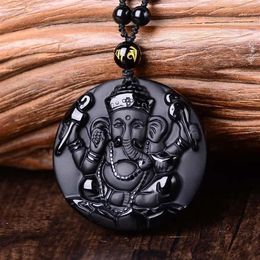 Natural Black Obsidian Carved Ganesh Elephant Lucky Pendants Necklace Fine Stone Crystal Fashion woman man Amulet Jewelry1251h