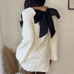 Casual Dresses D.Nale K Fashion Shining Sequin Mini Dress For Women Long Sleeve Bowknot Chic Short Female Holiday Evening Party Looks