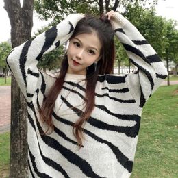 Women's Sweaters Fashion Zebra Pattern Pullover Knitted Sweater Women Autumn Winter O-Neck Stripe Casual Loose Long Sleeve Clothes 28483