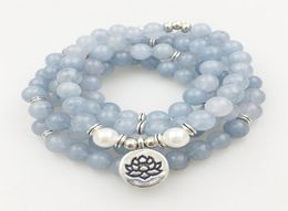 SN1205 Design Womens 8 mm Blue Stone 108 Mala Beads Bracelet or Necklace Lotus Charm Yoga Bracelet7052484