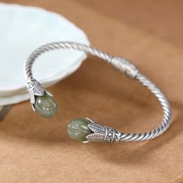 Original New Hetian Jade Gray Jade Personality Magnolia Antique Distressed Ladies Open-Ended 14K White Gold Bracelet