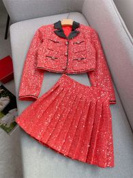 2024 Spring Red Sequins Two Piece Dress Sets Long Sleeve Notched-Lapel Tweed Single-Breasted Coat + High Waist Pleated Short Skirt Set Two Piece Suits W3D284029