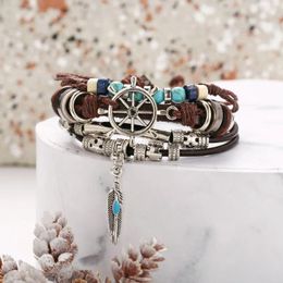 Link Bracelets European And American Personalized Simple Turquoise Multi Layer Leather Bracelet Creative Retro Black Men Jewelry Wholesale
