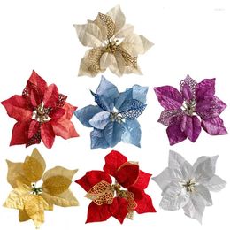 Christmas Decorations 5pcs Flowe Glitter Artifical Poinsettia Flowers Heads For Noel Home Xmas Tree Navidad Party Year 2024