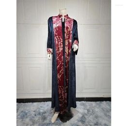 Ethnic Clothing Dubai Muslim Velvet Dress For Women Abaya Autumn Winter Print Thick Party Dresses Long Sleeve Morocco Caftan Elegant