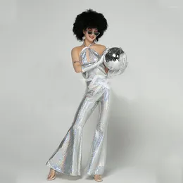 Stage Wear Sexy Gogo Dance Clothes Silver Sequins Jumpsuit Gloves Wigs Women Jazz Costume Clubwear Festival Outfits XS6270