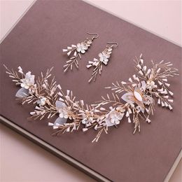 Bead Crystal Headpiece Earrings Opal Flower Butterfly Crown Tiaras Jewellery Sets Bridal Wedding Hair Accessories Headband Gold2303