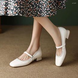 Dress Shoes 2024 Spring Women Pumps Split Leather For Square Toe Chunky Heel Solid Shallow Mary Janes Ladies