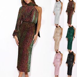 Casual Dresses Women'S Solid Sequin Zipper Dress Long Sleeve Button Scarf Cocktail Split Party Elegant Female Banquet Evening Vestido