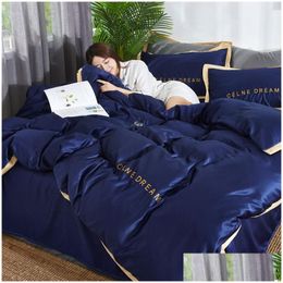 Bedding Sets Four-Piece Silk Cotton Bedding Sets King Queen Size Soft Printed Quilt Er Pillow Case Duvet Brand Bed Comforters Fast Dro Dhyj4