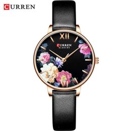 Fashion Trend Flower Leather Watches CURREN Classic Black Wristwatch Female Clock Ladies Quartz Watch relogios feminino255l