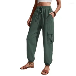 Women's Pants Womens Drawstring Elastic Waist Cargo Solid Colour Wide Leg Loose Jogger Trousers Sweatpants With Multiple Pockets