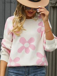 Women's Sweaters Autumn Winter Floral Sweater Casual Knitted Long Sleeve Tops Elegant White O-neck Pullovers Fashion In Knitwears