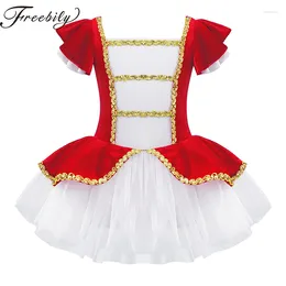 Stage Wear Kids Christmas Costume Short Sleeves Square Neck Patchwork Dancewear Child Girls Mesh Tutu Ballet Leotards Figure Skating Dress