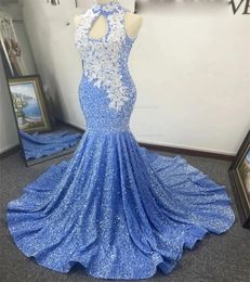 Sparkle Sky Blue Sequin Women Prom Dress 2024 Lace Appliques Mermaid Evening Pageant Party Gown Vestidos Feast Robe De Soiree