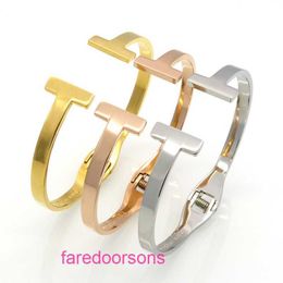 Trend fashion versatile Jewellery good nice Tifannissm Titanium steel gold double spring open Bracelet T shaped titanium bracelet women's With Original Box