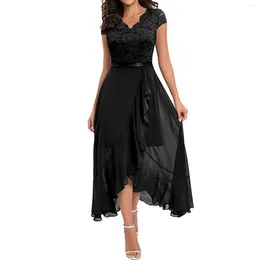 Casual Dresses Womens Solid Lace Splice Dress Short Sleeve V Neck Ruffle Hem Slim Evening Party For Women Plus Size