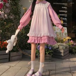Casual Dresses Sweet Cute Kawaii Girls Lolita Dress Princess Maid Vintage Ruffles Women Puff Sleeve Pink Loose Skirt Two-piece Suit