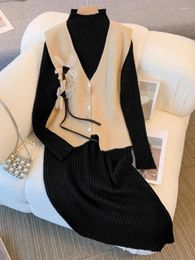 Work Dresses Winter Warm Fragrance Knitted Two Piece Sets Womens Outfit Office Ladies Elegant Flower Vest Sweater 4XL