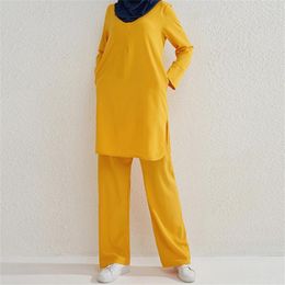 Ethnic Clothing Abaya Women 2 Piece Muslim Plain Casual Long Sleeve Tops Blouse And Pants Set Turkey Arab Kaftan Islam Robe Dubai