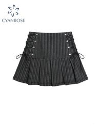 Y2k Pleated Skirt Women Sexy High Waist Grey Stripe Bandage Mini Skirts Summer A Line Skirt Vintage Harajuku Streetwar 231227