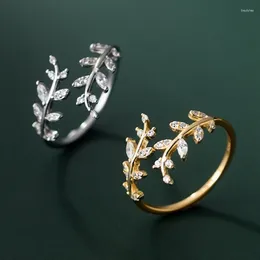 Cluster Rings Silver Colour Sweet Romantic Zircon Open Branch Small Leaf Adjustable Ring For Women Korean Wedding Party Jewellery