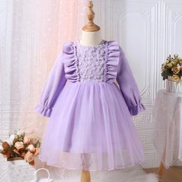 Girl Dresses Toddler Girls Long Sleeve Ruffles Fall Floral Lace Embroider Tulle Dress Purple Princess Clothes For 3 To 7 Years