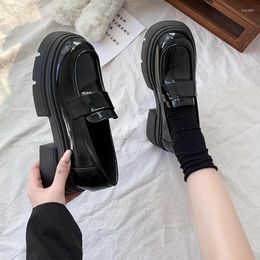 Dress Shoes Black Glossy Matte Loafers 2023 Soft Leather High Heels Slip-on Thick Soles Commuter Women's Work