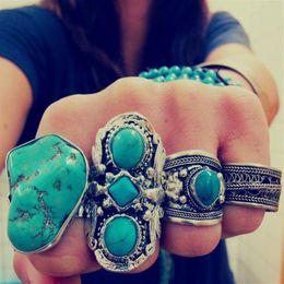 One Style Vintage Style Turkish Silver Alloy Custom Carving Antique Persian stone statement Turquoise Finger Rings215N