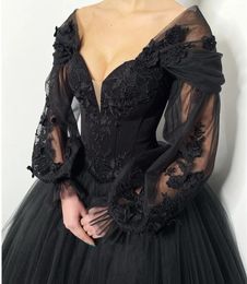 Gothic A-line Prom Birthday Dress 2024 Black V-neck Lace Appliques Puffy Sleeves Tulle Evening Formal Party Gowns Vestido De Fieast Robe De Soiree Customed