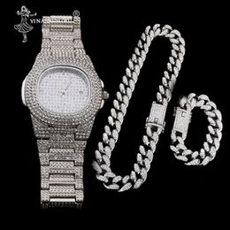 Luxury Gold Color Watch Crystal Miami Out Cuban Chain Gold Silver Men Watch & Necklace & Bracelet Hip Hop Jewerl For Men 2CM235t