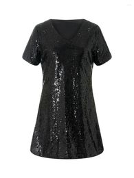 Casual Dresses Nuwuiher Sequin Shirt Dress For Women Sparkly Glitter Short Sleeve Tee Mini Tiered Babydoll (C-Black