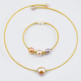 Pendant Necklaces Freshwater Pearl Choker And Bangle Set Delicate 14K Gold Color Solid Easy Wearing Jewelry For Women234f
