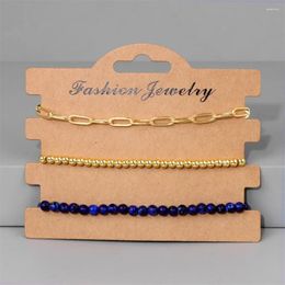 Charm Bracelets 3pcs/set Fashion Men's Natural Stone Lapis Lazuli Beaded Gold Colour Beads Chain Bohemian Jewellery