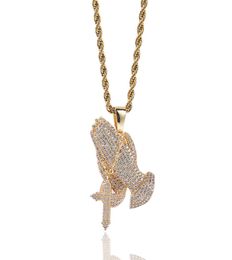 Iced Out Pendant Praying Hands Necklace Mens Gold Necklaces Hip Hop Jewelry3820468
