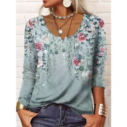 Wish Cross Border T-Shirt Leisure Women Autumn/Winter clothing Loose Long Sleeved Geometric Flower Mang U-Neck Button For brand