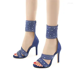 Sandals YQBTDL 2023 Luxury Rhinestone Crystal For Women Summer Blue Black Ankle Wrap Sexy High Heel Boot Shoes Plus Size 45