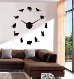 Frameless Cats Silhouette Wall Art Clock Watch Kittens 3D DIY Wall Clock Playful Cat Shape Big Needles Girl Room Kit Decoration 206336885