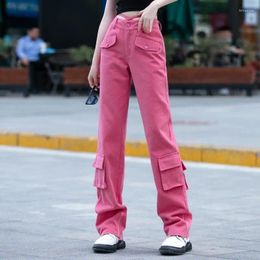 Women's Pants Multiple Pockets Rose Red Women High Waist Wide Leg Cargo Jeans 2023 Autumn Winter Minimalist Commuting Trousers