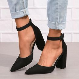 Sandals Summer Women Suede Ankle Strap Pumps Pointed Toe Square High Heels Solid Female Fashion Elegant Party Wedding Shoes