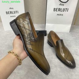 BERLUTI Men's Dress Shoes Leather Oxfords Shoes Berlut New Men's Calf Leather Polish Andy Lefu Leather Shoes Scritto Pattern Business Dress Leather Shoes HBAL