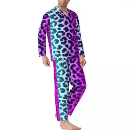 Men's Sleepwear Blue Pink Two Tone Pajama Set Autumn Cheetah Leopard Kawaii Home Man 2 Pieces Casual Oversized Graphic Nightwear Gift