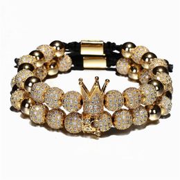 2pcs set Luxury Crown Charm Men Bracelets 8mm Micro Pave CZ Round Braided Macrame Bracelet Pulseira Feminina Handmade Jewellery Wome236K