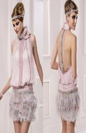 Vintage Great Gatsby Pink High Neck Short Cocktail Dresses With Feather Sparkly Beaded Backless Prom Gowns Occasion Party Wear4399480