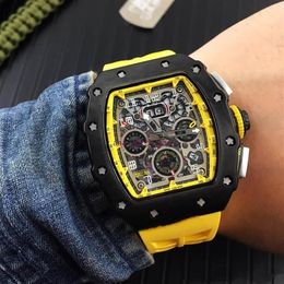 New Luxury Big Full Black Case Skeleton Watches Rubber Japan Automatic Mechanical Mens Watch298h