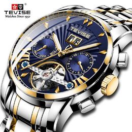 Top Luxury Brand TEVISE Automatic Men Watch Stainless steel Tourbillon Calendar Mechanical Wristwatch Men Business Clock214h