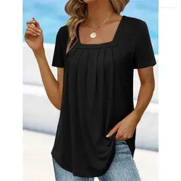 Women's T Shirts S-5XL Size Elegant Pleated Square Neck Print T-Shirt Female Short Sleeve Tees 2023 Summer Commuter Casual Loose Tops