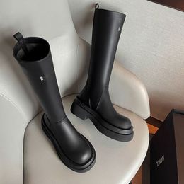 Designer Long Boots Knee Boot Women Thick Soled And Fleece Tall Knight Boots Black Letter Round Toe Women For Long Coarse Shoes New Autumn Winter Size 34-39
