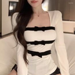 Women's T Shirts O-neck Contrast Color Bow Patchwork Casual Long-sleeved T-shirt Women 2024 Spring Korean Fashion All Match Sexy Slim Tops